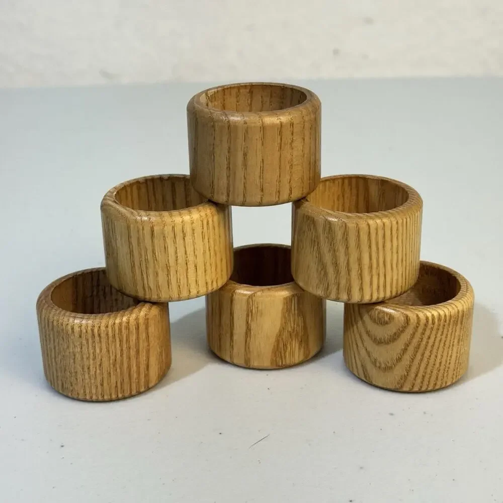 Set of 6 VTG Wooden Band Napkin Ring Natural Wood Grain Finish Rustic Boho Farm